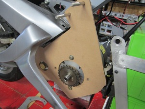 Wood motor mount installed, note how it overlaps the existing swing-arm mount. 